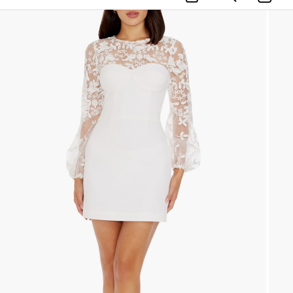 Dress the Population White Bodycon Mini Dress with Bishop Sleeves
